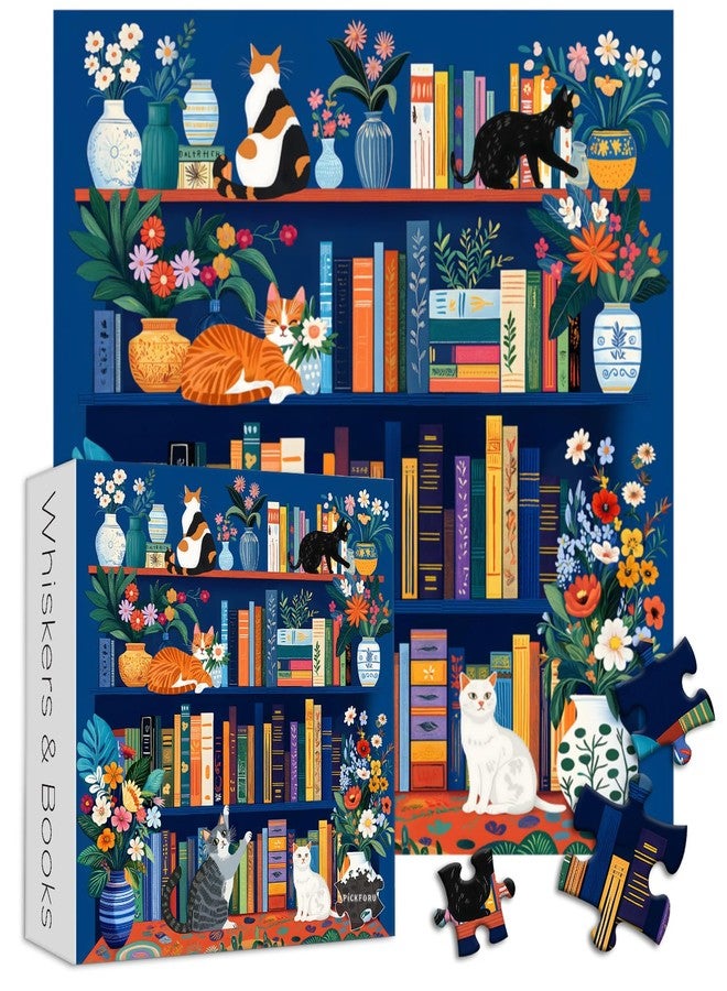 PICKFORU ألغاز كتب القطط للكبار، 1000 قطعة، أحجية صورية من PICKFORU بتصميم صفحات الزهور البرية، مكتبة رفوف الكتب، أحجية صورية صعبة للغاية بتصميم مزهرية زهور لمحبي الكتب - Image 2